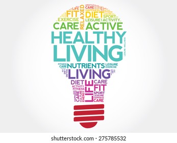 Healthy Living bulb word cloud, health concept