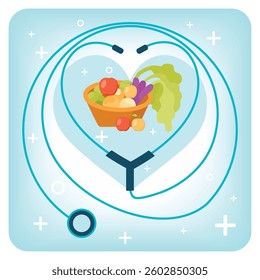 Healthy living concept with vegetables in heart-shaped stethoscope, Health education concept. Flat vector illustration
