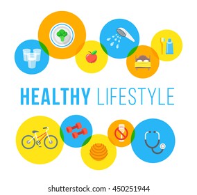 Healthy Living Flat Vector Banner. Healthcare And Wellness Lifestyle Background. Regular Exercises, Daily Physical Activity, Good Food, Sleep, Hygiene, Medical Exam Icons. Fitness Infographic Elements