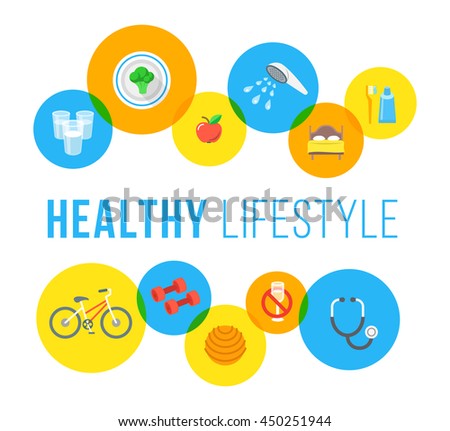 Healthy living flat vector banner. Healthcare and wellness lifestyle background. Regular exercises, daily physical activity, good food, sleep, hygiene, medical exam icons. Fitness infographic elements