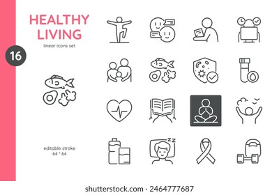 Healthy Living Icon Set. Linear Icons of Healthy Lifestyle Activities and Habits. Includes Keto Diet, Nutrition, Exercise, Mental Health, and More. Editable Vector Sign Collection.