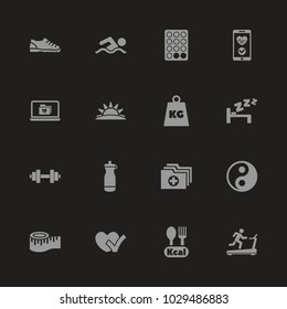 Healthy Living icons - Gray symbol on black background. Simple illustration. Flat Vector Icon.
