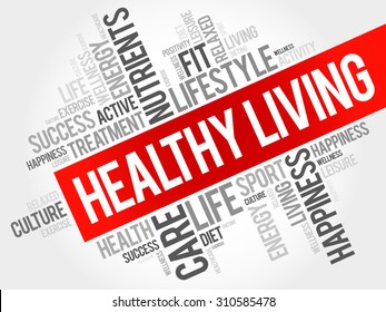 Healthy Living - a lifestyle that emphasizes practices and habits which contribute to overall well-being and longevity, word cloud background