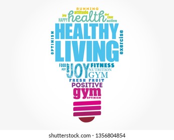 Healthy Living light bulb word cloud, health concept background