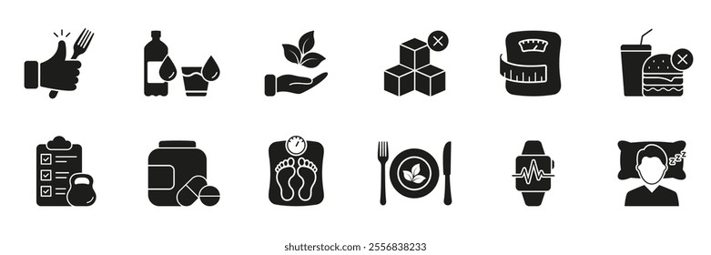 Healthy Living and Nutrition Silhouette Icon Set, Featuring Diet, Hydration, and Wellness Glyph Symbols. Exercise and Weight Management Pictogram. Isolated Vector Illustration.