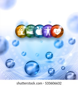 Healthy living round symbols. Healthy food, fitness, no stress and healthy weight leads to healthy heart and life. Beautiful bright colors and abstract light blue background with balls.