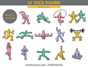 Healthy living set. Hand painted stick figure.