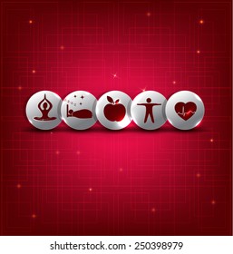 Healthy living symbol set on a beautiful bright red background with light lines. 