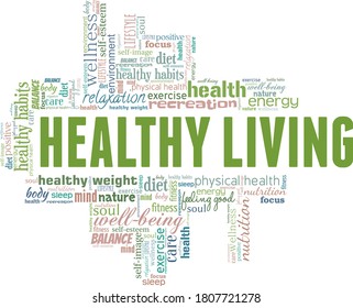 Healthy living vector illustration word cloud isolated on a white background.