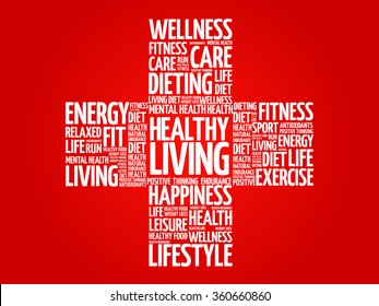 Healthy Living word cloud, health cross concept