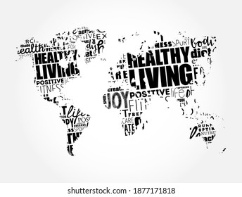 Healthy Living word cloud in shape of world map, health concept background