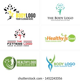 Healthy logo people tree and barbell with man running suitable for fitness physical sport team organic food
