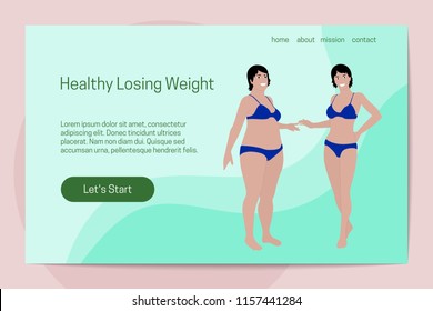 Healthy Losing Weight concept. Two women of different sizes in underwear. Before and after. Landing page template.