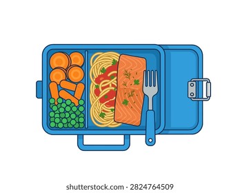 Healthy Lunch Box with Grilled Salmon Spaghetti and Vegetables Vector Illustration
