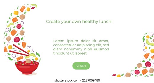 Healthy lunch creator - flying poke bowl ingredients with text. Natural food diet concept. Vector stock illustration for banner, menu fast food restaurant, isolated on white background. EPS10