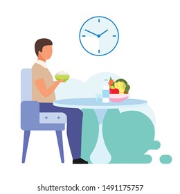 Healthy lunch habits flat vector illustration. Young man eating dairy products for dinner. Male lacto-vegetarian consuming fresh fruits and vegetables isolated cartoon character on white background
