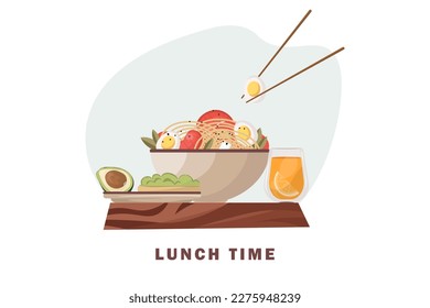 Healthy lunch illustration. Kitchen illustration. Japanese food, avocado, orange juice. Design for a website.