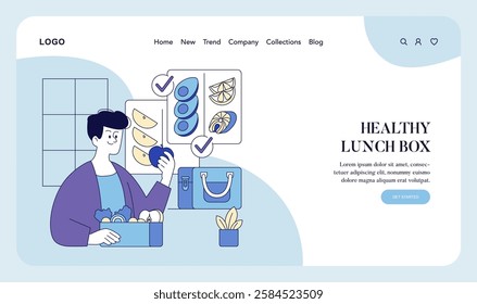 Healthy lunch planning concept. A person organizing nutritious food options and packing a lunch box emphasizes the importance of balanced meals. Encourages mindful eating habits with fresh ingredients