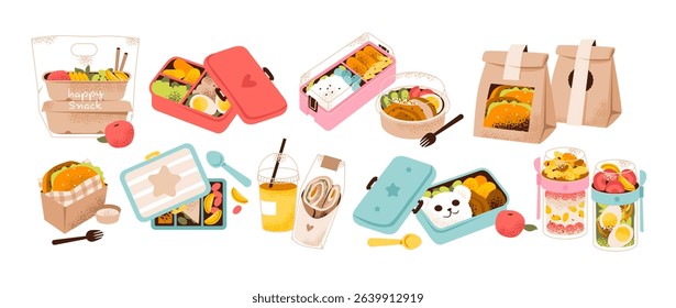 Healthy lunchbox with bento food.  Takeaway food in a lunchbox. Homemade portable lunch set. School meals, kids snacks, zero-waste lifestyle concept. Flat vector illustration.