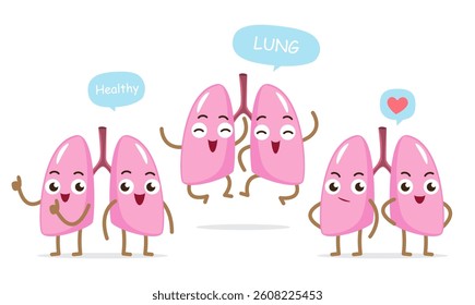 Healthy lung . Funny medical cartoon characters . Isolated white background . Vector .