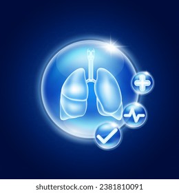 Healthy lung inside glass bubbles glowing with medical icon cross sign, Heart pulse and Check mark. Medical health care innovation. Human anatomy organ translucent on blue background. Vector.