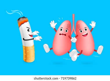 Healthy lung run away from cigarette. Cute cartoon character. Human health care concept, illustration isolated on blue background.