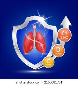 Healthy lungs anatomy in shield aluminum. Foods vitamin C minerals and zinc. Label logo products template design. Medical food supplement concepts. 3D Realistic Vector EPS10.