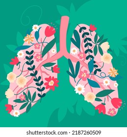 Pulmones sanos, ilustración vectorial de afiche de arte ambiental creativo. Caricatura de flores de primavera coloridas y brillantes, ramas de árboles con hojas verdes dentro del fondo abstracto de los pulmones humanos. Concepto de salud