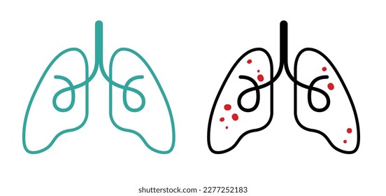 Healthy lungs and lungs disease minimalist lineart illustration. Emphysema chronic obstructive pulmonary disease concept. Normal lung vs lungs damaged by COP. Vector icons isolated on white background