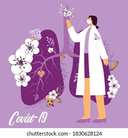 Healthy lungs with flowers. Doctors, nurses, and other healthcare professionals work towards a cure. People being responsible, wearing masks