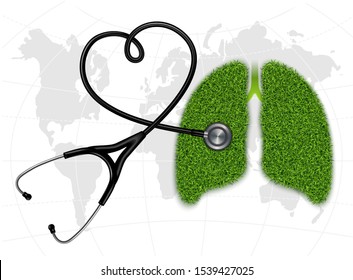 Healthy Lungs pulmonology - a symbolic image with a grass texture and a heart-shaped stethoscope against the backdrop of the globe. Vector graphics.