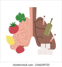 Healthy lungs and unhealthy lungs flat vector. Healthy lifestyle, healthy eating.