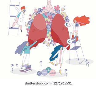Healthy lungs vector with flowers on the background. Four doctors and nurses looking for the right vitamins for lungs functioning. Illustration of elements and minerals in pastel colors.