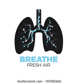 Healthy lungs vector icon. Fresh air breathing concept. Lungs silhouette with bronchi full of air bulbs. Isolated on white background. Stop smoking!