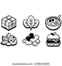 Healthy macro nutrients, plant based whole foods, and organic diet ingredients icon set. Black and white flat illustrations featuring processed sugar cubes, green spinach leaves, organic oatmeal cereal porridge bowl, natural nuts selection, raw legume kidney beans, and vegan burger sandwich.
