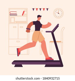 Healthy male athlete in sportswear smiling and running on treadmill during fitness training in morning in cozy room at home