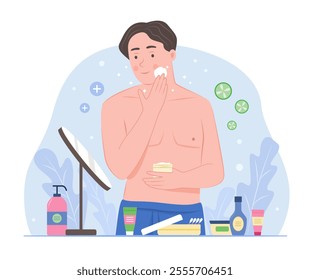 Healthy Man Applying Cream on Face for Facial Skin Treatment Concept Illustration