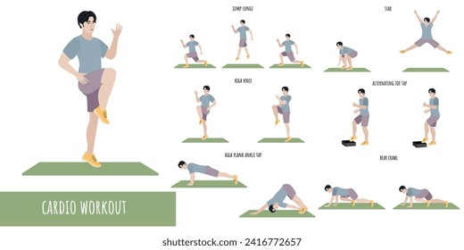 Healthy man doing cardio workout. Workout Set. Self acceptance and liberty. Man active lifestyle. Sport, wellness. Men workout, fitness. Flat vector illustration