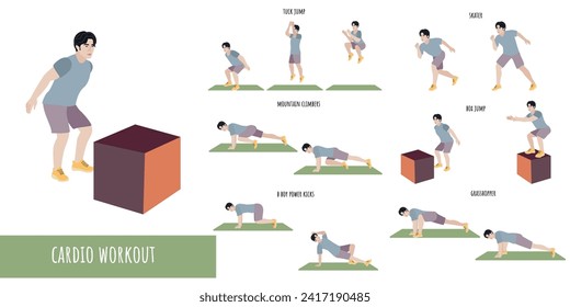 Healthy man doing cardio workout. Workout Set. Self acceptance and liberty. Man active lifestyle. Sport, wellness. Men workout, fitness. Flat vector illustration