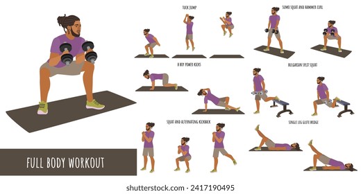 Hombre sano haciendo ejercicio físico completo. Juego de entrenamiento. Autoaceptación y libertad. Estilo de vida activo del hombre. Deporte, bienestar. Hombres entrenando, fitness. Ilustración vectorial plana