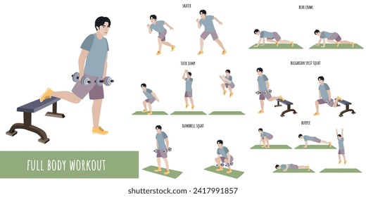 Healthy man doing full body workout. Workout Set. Self acceptance and liberty. Man active lifestyle. Sport, wellness. Men workout, fitness. Flat vector illustration