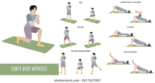 Hombre sano haciendo entrenamiento corporal inferior. Juego de entrenamiento. Autoaceptación y libertad. Estilo de vida activo del hombre. Deporte, bienestar. Hombres entrenando, fitness. Ilustración vectorial plana