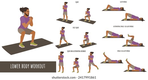 Healthy man doing lower body workout. Workout Set. Self acceptance and liberty. Man active lifestyle. Sport, wellness. Men workout, fitness. Flat vector illustration