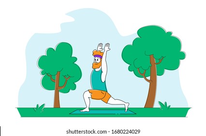 Healthy Man Doing Yoga Asana or Aerobics Exercise Standing with Hands Up in City Park Nature Landscape Background. Sport Life Activity, Male Character Healthy Lifestyle. Linear Vector Illustration