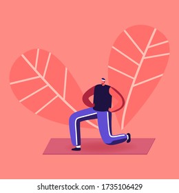 Healthy Man Doing Yoga Asana or Aerobics Exercise Standing with Hands on Waist in City Park. Sport Life Activity, Male Character Healthy Lifestyle, Diet Nutrition. Cartoon People Vector Illustration