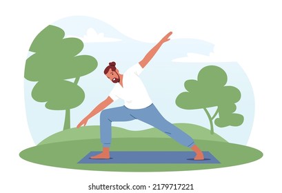 Healthy Man Doing Yoga Asana or Aerobics Exercise Standing on Mat in Summer Park on Nature Landscape Background. Sport Life Activity, Male Character Healthy Lifestyle. Cartoon Vector Illustration