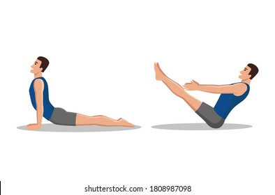 Healthy Man Doing Yoga workout. Asanas set. Tree, Warrior one, two, three, Boat, Downwards Facing Dog , Upwards Facing Dog Poses