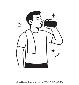 Healthy Man Drinking Water After Workout With Towel On Shoulder
