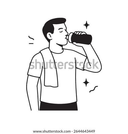 Healthy Man Drinking Water After Workout With Towel On Shoulder