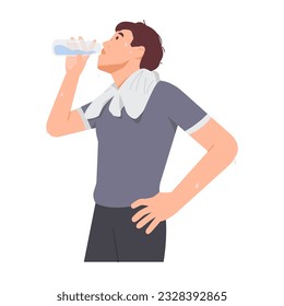 Hombre sano tomando agua del vector del frasco. Carácter masculino sediento del ejercicio. ilustración vectorial aislada en fondo blanco.